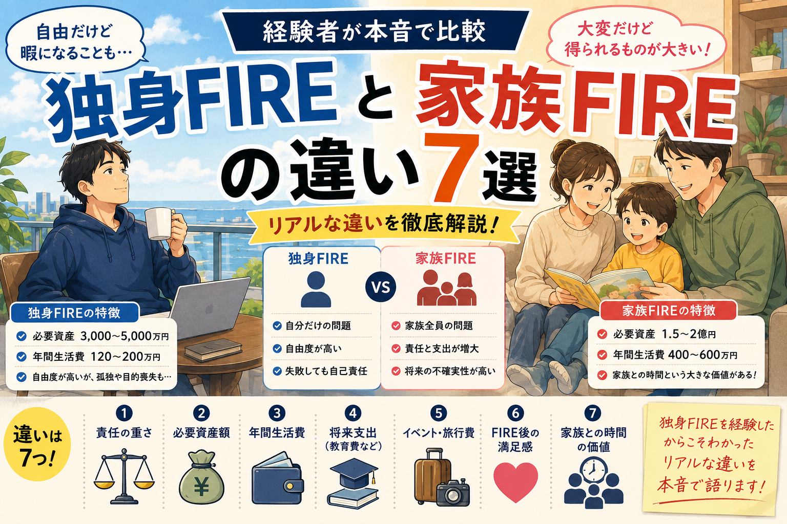 記事）独身FIREと家族FIREの違い7選｜経験者が本音で比較